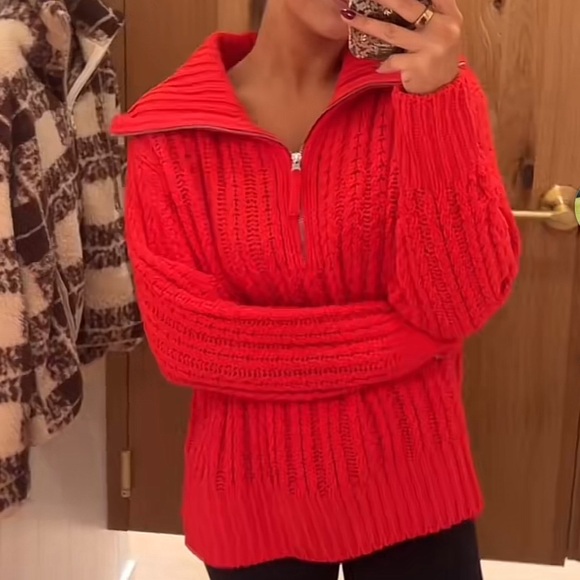 aerie Sweaters - Aerie Cable Car Knit Quarter Zip Cozy Sweater Holiday Red Medium